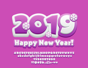 Vector modern Greeting Card Happy New Year 2019 for Children. Artistic set of contemporary Alphabet letters, Symbols and Numbers. Bright Violet and White Font.