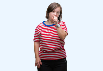 Young adult woman with down syndrome over isolated background feeling unwell and coughing as symptom for cold or bronchitis. Healthcare concept.