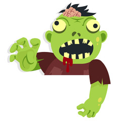 Cartoon Zombie Character for Halloween Asset Pointing Down Behind Paper