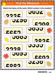 Math visual puzzle: Find the minimum. Match the halves of the cards. Which number is the smallest? Answer included.

