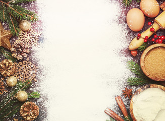 Christmas or New Year composition with ingredients for baking or with golden snowflakes, Christmas balls, green fir branches, pine cones, white flour background, frame, top view - Powered by Adobe