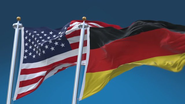 4k Seamless United States of America And Germany Flags with blue sky background,A fully digital rendering,The flag 3D animation loops at 20 seconds,USA GER DE.