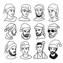 Christmas party. Celebrating New Year. Group of people in red Santa's hat Vintage Hand Drawn Gentleman Set. Men's clothing. Vector illustration sketch style.