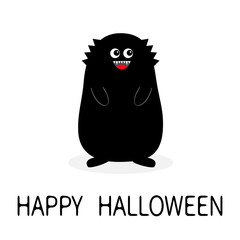 Happy Halloween. Monster black silhouette. Fang tooth. Open mouth. Two eyes, teeth, tongue, hands. Funny Cute cartoon baby character. Flat design. White background. Isolated.