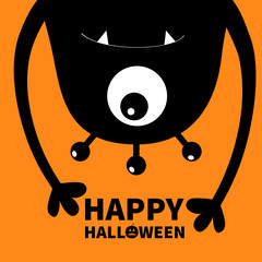 Happy Halloween card. Monster head silhouette. One eye, teeth, fang, hands. Hanging upside down. Black Funny Cute cartoon character. Baby collection. Flat design. Orange background. Isolated.