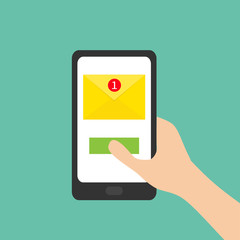 New message sign symbol. Unread notification. Hand holding smartphone. Genering tablet gadget. Tab. Email icon. Paper envelope letter. Accept button. Flat design. Green background.
