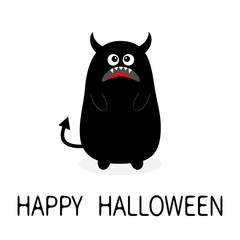Happy Halloween. Monster black silhouette. Fang tooth. Open mouth. One eye, teeth, tongue, hands, tail, horns. Funny Cute cartoon baby character. Flat design. White background. Isolated.
