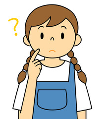 エプロンの女性　疑問　考える　笑顔　保母さん　主婦　料理　カフェ店員　お花屋さん