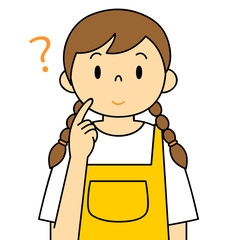 エプロンの女性　疑問　考える　笑顔　保母さん　主婦　料理　カフェ店員　お花屋さん