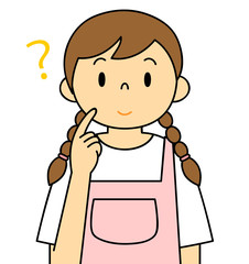 エプロンの女性　疑問　考える　笑顔　保母さん　主婦　料理　カフェ店員　お花屋さん
