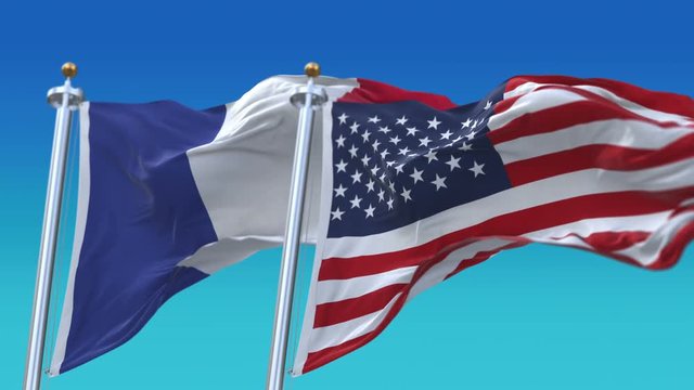 4k Seamless United States of America And France Flags with blue sky background,A fully digital rendering,The flag 3D animation loops at 20 seconds,USA FRA.