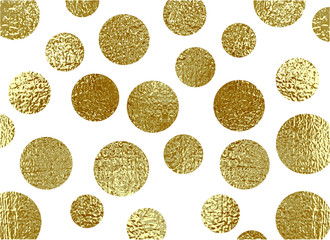 Golden circles . Bronze Polka dot. Gold glitter round background for the card, invitation. Copper Holiday Decorative element. Illustration of falling shiny particles on white background.