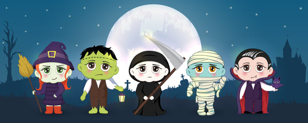 Halloween masquerade, cute children costumes. Funny characters. Invitation card for party and sale. Autumn holidays. Vector illustration EPS10.