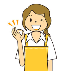 エプロンの女性　OKポーズ　ご案内　ご提案　笑顔　保母さん　主婦　料理　カフェ店員　お花屋さん
