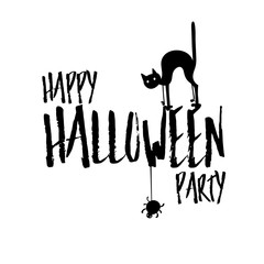 Happy halloween party title logo template. Spider and web, cat