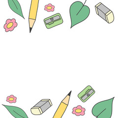 Back to school concept. Pencil, eraser and sharpener. Cute hand drawn illustration vector. 