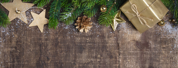 Christmas frame, wooden background