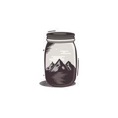Travel T-Shirt Print. The mountains and river in jar design. Adventure silhouette printing, poster. Camping emblem, badge textured style. Hipster patch. Stock vector illustration isolated