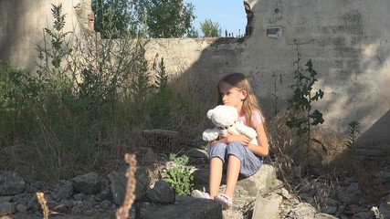 Unhappy Sad Kid, Abandoned Child in Demolished House, Homeless Girl Children
