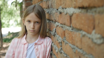 Sad Depressed Child Looking in Camera, Bored Girl Portrait, Unhappy Kid Face