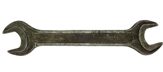 Old rusty spanner isolated on white background. wrench close up