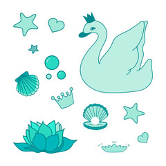 Swan princess. Cute illustration of beautiful swan with water lily, sea shell, pearl, hearts, stars and diadems. Hand drawn illustration vector.