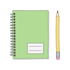 Realistic spiral notebook and pencil. Hand drawn illustration vector. White background.