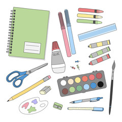 Set of colorful school writing tools. Implements of fine art. Realistic hand drawn illustration vector.