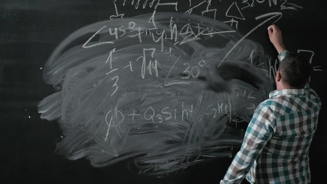 A brilliant mature mathematician brings a big board and completes an essay Complicated mathematical formula equation