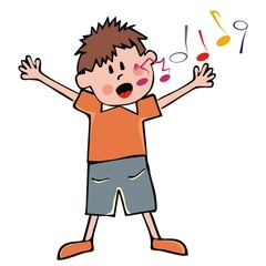 Singing boy and music notes. Funny vector illustration. Single person on white background. Icon for music lessons.