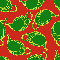 Chinese teapots bright colors vector seamless pattern, red background, contrast
