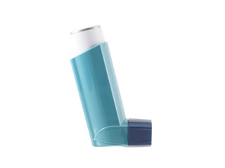 Blue asthma inhaler with blank label isolated on white background. Pharmaceutical product is used to treat or prevent asthma attack. Health and medical concept. - obrazy, fototapety, plakaty