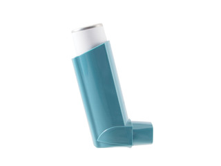 Blue asthma inhaler with blank label isolated on white background. Pharmaceutical product is used...