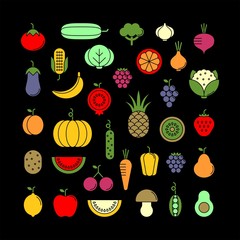 Vegetables, fruits and berries flat vector icons set