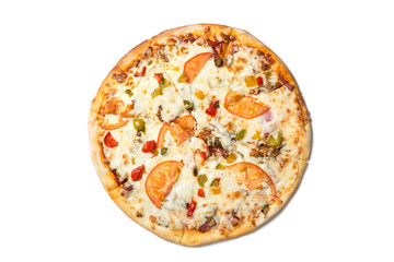 Fresh tasty pizza with tomatoes, olives, cheese, sausage and mushrooms isolated on white background. Top view