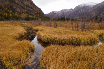 Beautiful view on the way to Geyser Lake in autumn, Altai,Russia.