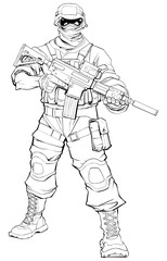 Line art illustration of masked soldier on patrol, holding machine gun. 