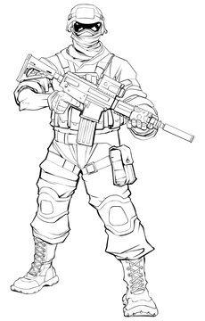 recommend clip art: Line art illustration of masked soldier on patrol, holding machine gun. 