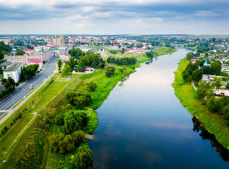 Aerial view of Dnieper river flowing through Orsha Belarus