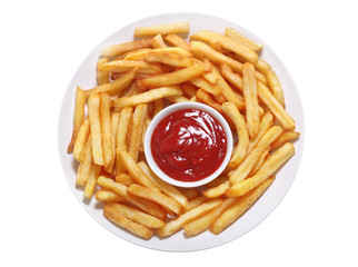 Plate of french fries with ketchup on white background, top view