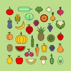 Vegetables, fruits and berries flat vector icons set
