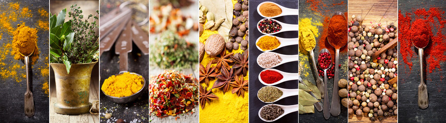 collage van verschillende kruiden en specerijen