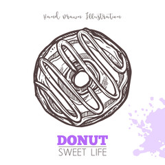 Sketch Of Sweet Donut With Cream. Dessert Bakery In Hand Drawn Vector Style