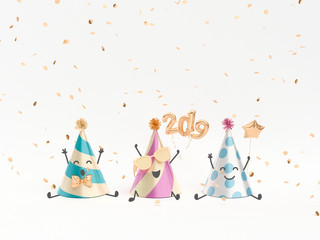 New Year 2019 happy enjoying Characters, festive background with party hat friends having fun together. 3d rendering