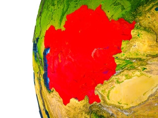 Central Asia highlighted on 3D Earth with visible countries and watery oceans.