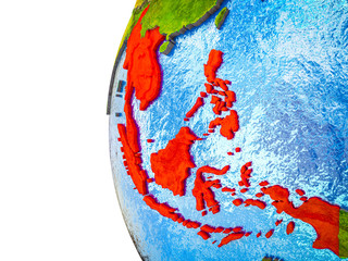 South East Asia highlighted on 3D Earth with visible countries and watery oceans.