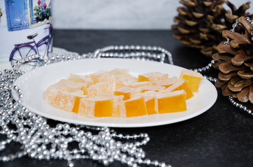 new year orange flavor marmelade on wooden background