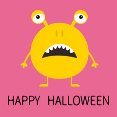 Happy Halloween. Cute yellow monster icon. Cartoon colorful scary funny character. Eyes, ears, nose, open mouth. Funny baby collection. Pink background Isolated. Flat design.