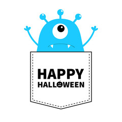 Happy Halloween. Blue monster silhouette in the pocket. Hands up. Cute cartoon scary funny character. Baby collection. T-shirt design. One big eye, fang tooth. White background. Flat design.