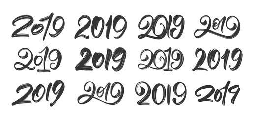 Vector illustration: Big Set of Handwritten brush type lettering of 2019. Happy New Year. Chines calligraphy.